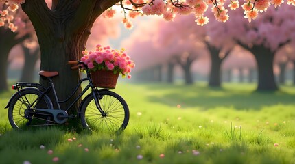 Bicycle parked next to a blooming tree full of flowers, showing urban outdoor scenery, floral detail, and peaceful spring atmosphere captured in natural light