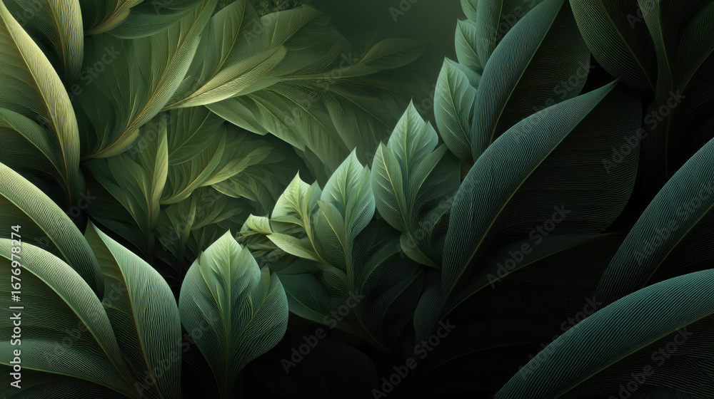 Poster lush green leaves create serene and tranquil atmosphere, showcasing intricate textures and patterns.