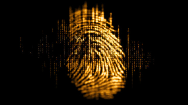 Digital fingerprint design with binary code background creates sense of security and technology. This symbolizes identity verification and data protection in modern context
