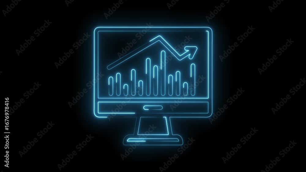 Aufkleber glowing neon computer displaying data analysis and business growth charts isolated on black