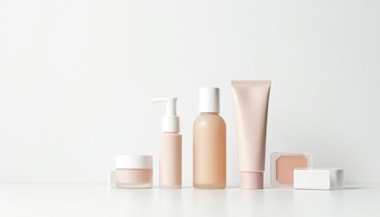 A collection of skincare products, elegantly arranged on a white surface, perfect for beauty and wellness content.