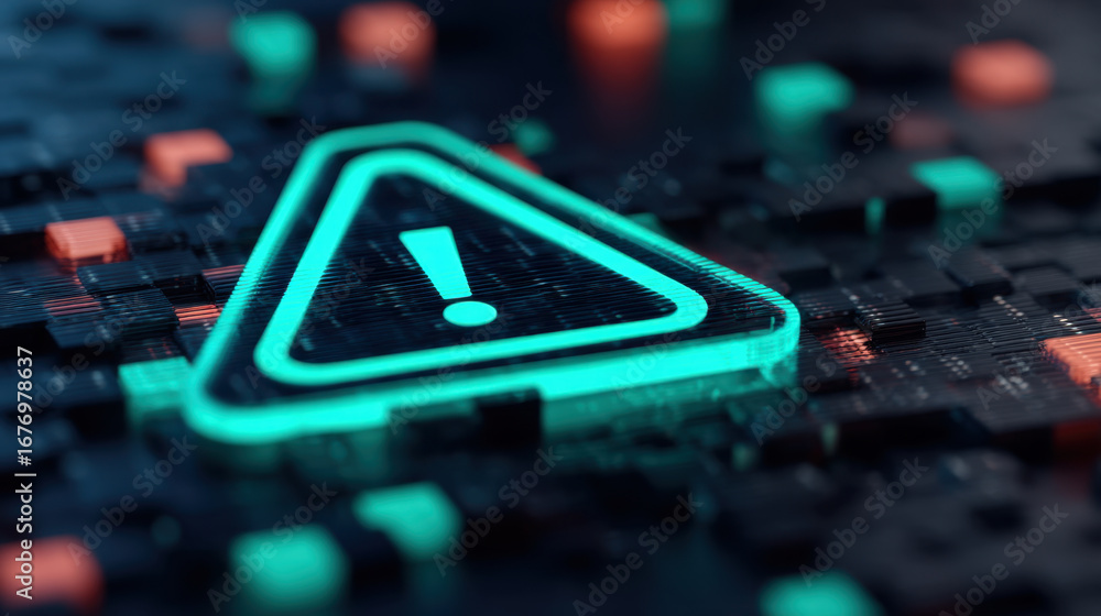 Aufkleber glowing warning sign on digital background filled with colorful pixels, symbolizing caution and aler