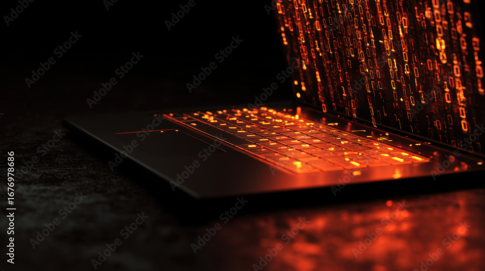 Aufkleber sleek laptop with glowing orange keyboard and digital binary code cascading from screen creates futu