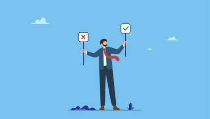 Thoughtful businessman holding right or wrong of left and right hand while making decision. Business decision right or wrong, true or false, correct and incorrect, moral choosing option.