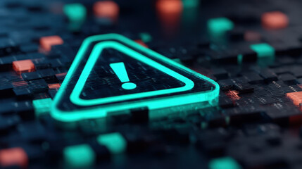 Glowing warning sign on digital background filled with colorful pixels, symbolizing caution and alertness in technology. vibrant colors create sense of urgency and importance