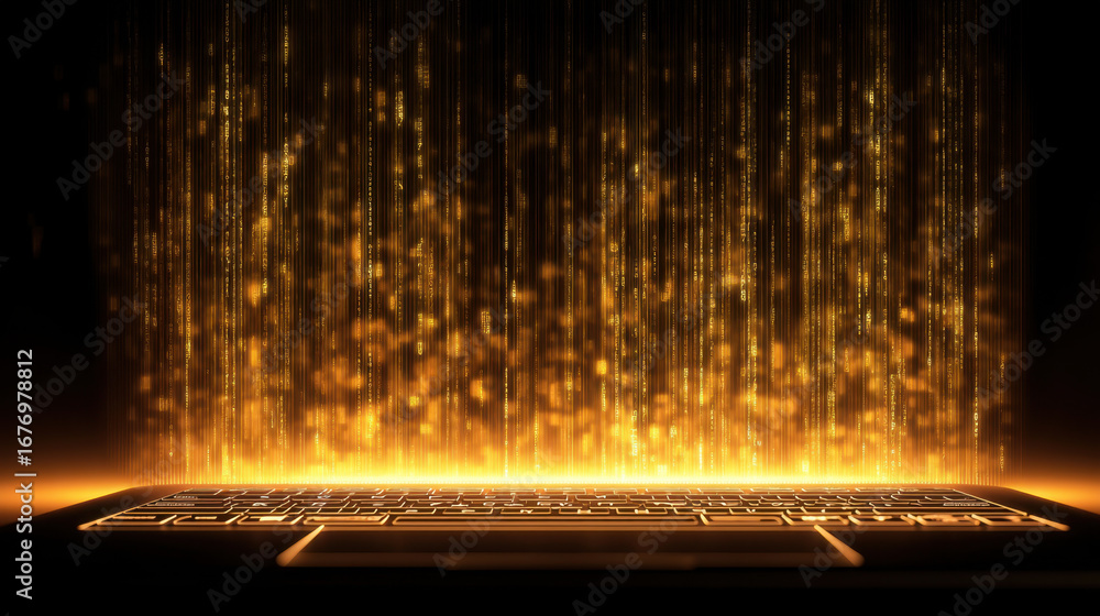 Aufkleber glowing keyboard emits cascade of golden binary code, creating mesmerizing digital atmosphere. this 