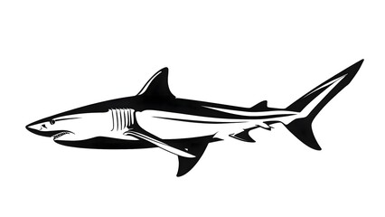 Black and white drawing of a shark on a plain white background, showing details of aquatic predator with emphasis on monochrome minimalism and marine wildlife photography