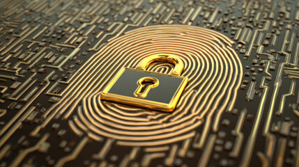 digital fingerprint merging with padlock icon over circuit board identity safeguarding visual illustration concept scene visual for commercial design use high detail quality stock image illustration