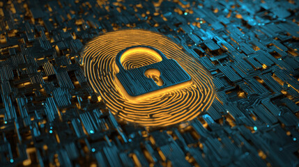 digital fingerprint merging with padlock icon over circuit board identity safeguarding visual illustration concept scene visual for commercial design use high detail quality stock image illustration