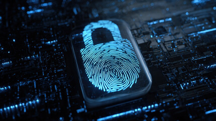 digital fingerprint merging with padlock icon over circuit board identity safeguarding visual illustration concept scene visual for commercial design use high detail quality stock image illustration