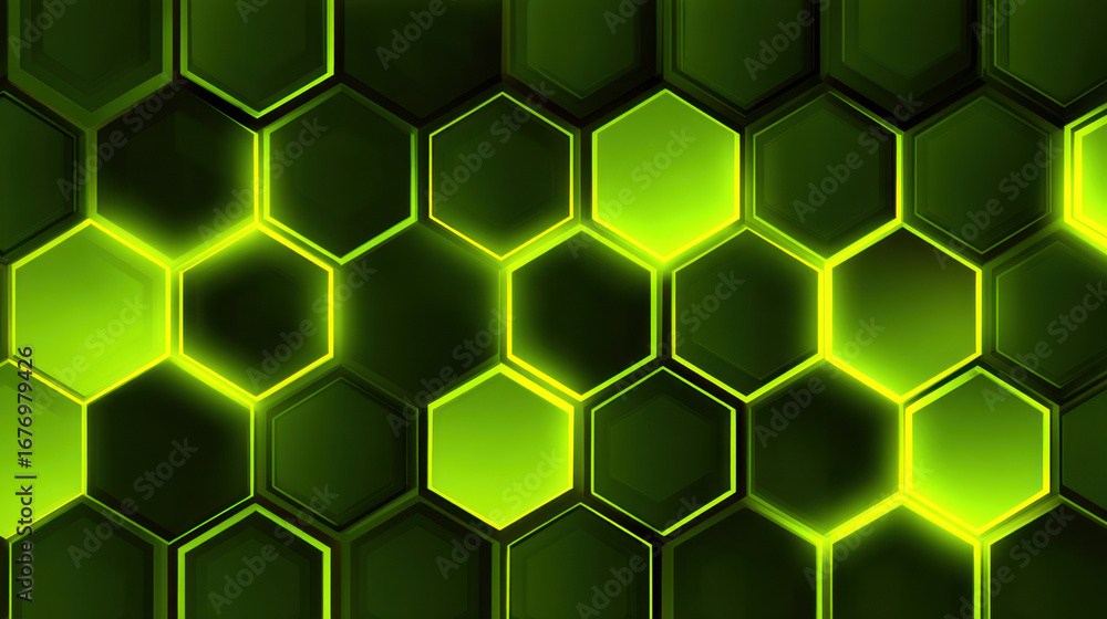 Poster bright green hexagonal patterns create vibrant and modern background, showcasing dynamic interplay o
