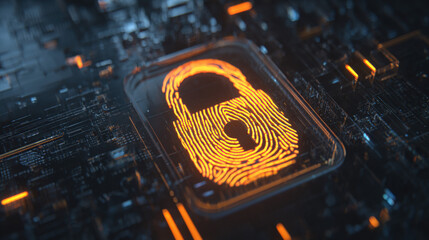 digital fingerprint merging with padlock icon over circuit board identity safeguarding visual illustration concept scene visual for commercial design use high detail quality stock image illustration
