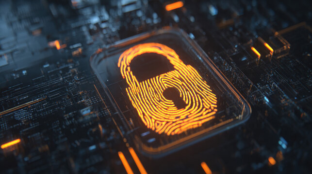 digital fingerprint merging with padlock icon over circuit board identity safeguarding visual illustration concept scene visual for commercial design use high detail quality stock image illustration