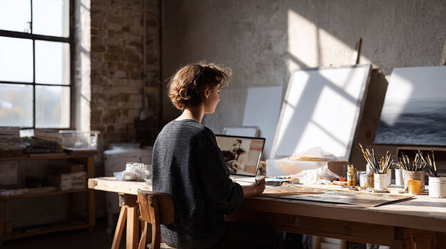 Artist in studio, bathed in natural light. Woman inspired, working on art. Concept of creativity, passion, craftsmanship, and online learning. Use for blogs, ads, design.