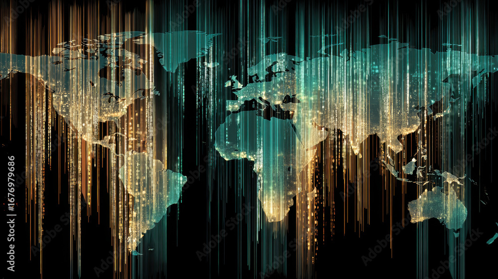 Aufkleber digital world map with glowing lines representing data flow, showcasing global connectivity and tech