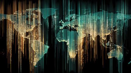 Fototapeta premium Digital world map with glowing lines representing data flow, showcasing global connectivity and technology. vibrant colors create modern and dynamic visual effect