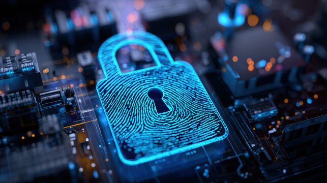 digital fingerprint merging with padlock icon over circuit board identity safeguarding visual illustration concept scene visual for commercial design use high detail quality stock image illustration