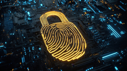 digital fingerprint merging with padlock icon over circuit board identity safeguarding visual illustration concept scene visual for commercial design use high detail quality stock image illustration