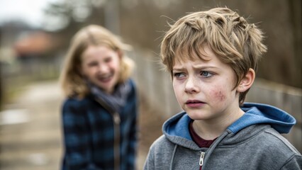 Sad Child with Bruise Outdoors, Bullying Concept