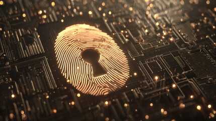 digital fingerprint merging with padlock icon over circuit board identity safeguarding visual illustration concept scene visual for commercial design use high detail quality stock image illustration
