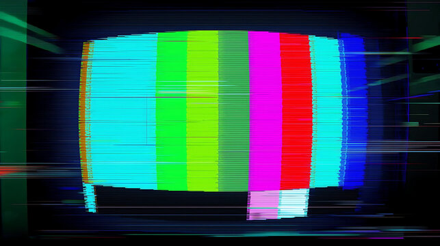A vintage television screen displaying a colorful test pattern with digital glitch effects.