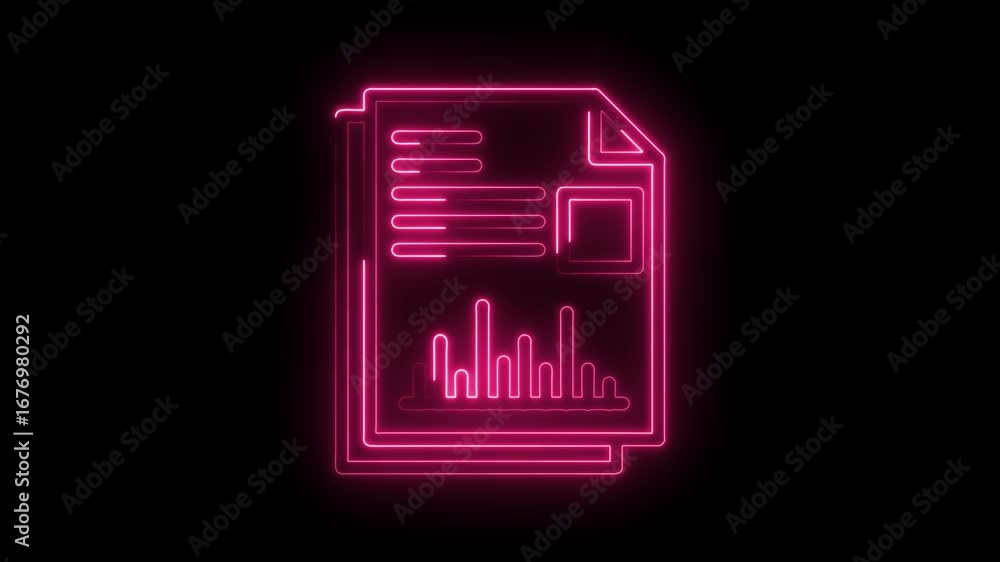 Aufkleber glowing pink neon data document with bar graph on dark background animation