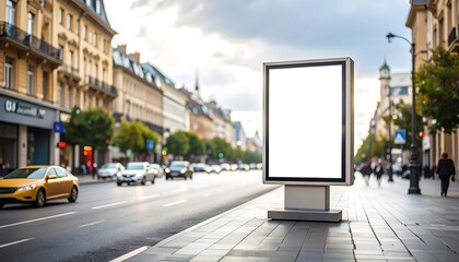 Obraz premium Blank digital billboard on a city street with blurred traffic and pedestrians
