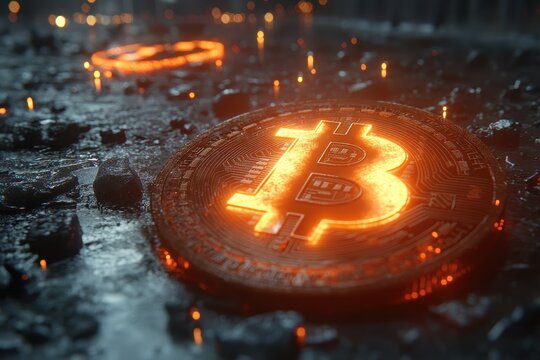 Dramatic lighting highlights cryptocurrency coins on a textured surface