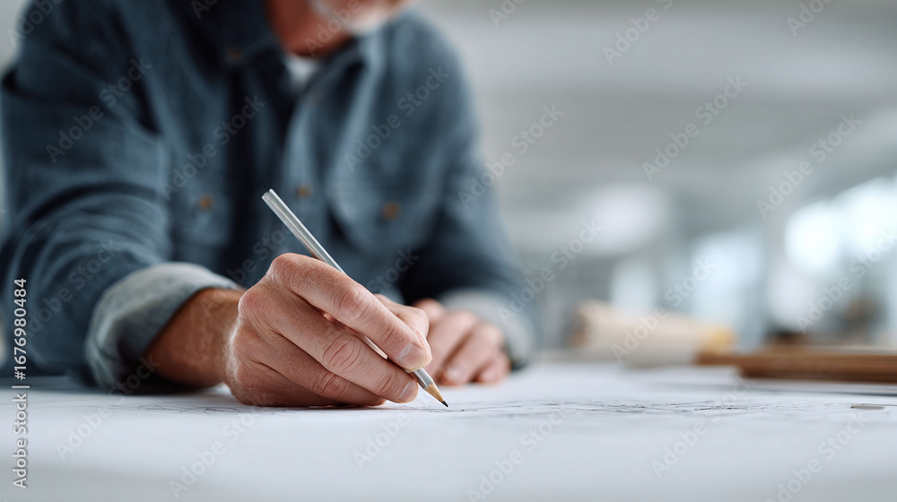 Poster closeup of hands sketching a design with a pencil on a blueprint. focus on precision and creativity.