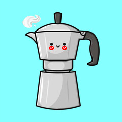 This cute illustration depicts a coffee maker with a smiling face and steam, set against a vibrant blue backdrop.