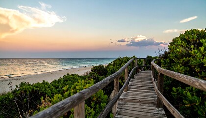 Coastal wooden walkway at sunset