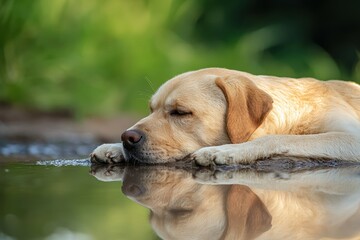 Labrador resting by a tranquil pond reflecting on a sunny afternoon
