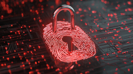 digital fingerprint merging with padlock icon over circuit board identity safeguarding visual illustration concept scene visual for commercial design use high detail quality stock image illustration