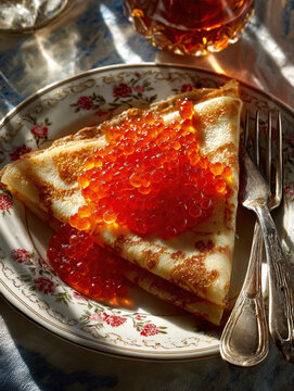 Triangular blin with red caviar on vintage plate
