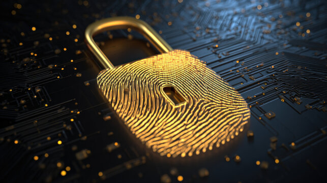 digital fingerprint merging with padlock icon over circuit board identity safeguarding visual illustration concept scene visual for commercial design use high detail quality stock image illustration
