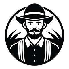 Stylized Illustration of a Man with Hat, Moustache, and Suspenders within Circle Frame
