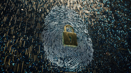 digital fingerprint merging with padlock icon over circuit board identity safeguarding visual illustration concept scene visual for commercial design use high detail quality stock image illustration