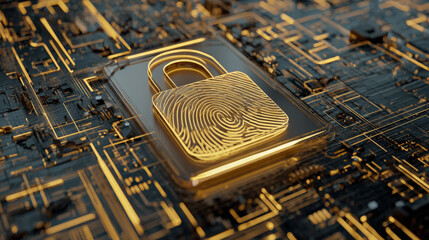 digital fingerprint merging with padlock icon over circuit board identity safeguarding visual illustration concept scene visual for commercial design use high detail quality stock image illustration