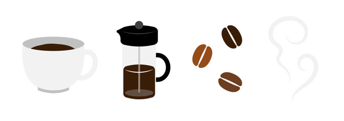 コーヒーとカップ・フレンチプレスのイラストセット（カフェ・ベクターデザイン）