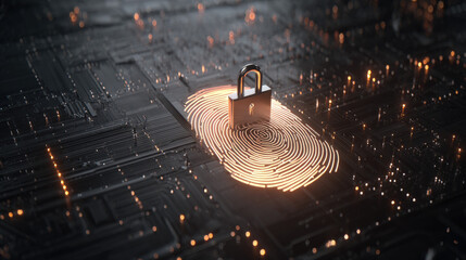 digital fingerprint merging with padlock icon over circuit board identity safeguarding visual illustration concept scene visual for commercial design use high detail quality stock image illustration
