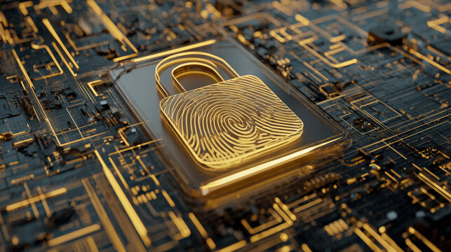 digital fingerprint merging with padlock icon over circuit board identity safeguarding visual illustration concept scene visual for commercial design use high detail quality stock image illustration