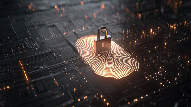 digital fingerprint merging with padlock icon over circuit board identity safeguarding visual illustration concept scene visual for commercial design use high detail quality stock image illustration