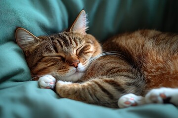 Fototapeta premium Cozy cat resting peacefully on soft fabric with a gentle expression and relaxed posture
