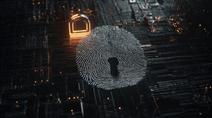 digital fingerprint merging with padlock icon over circuit board identity safeguarding visual illustration concept scene visual for commercial design use high detail quality stock image illustration