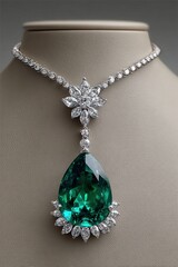 Diamond necklace with green emerald. Isolated on the neck of a mannequin.