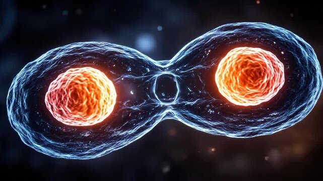 Cellular Division: A stunning visualization of cellular division, showcasing the intricate process of life's fundamental building blocks splitting into two identical copies. 