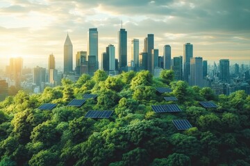 Obraz premium Innovative eco-city design with solar panels integrated into urban landscape at sunset