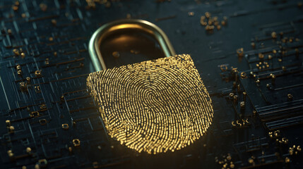 digital fingerprint merging with padlock icon over circuit board identity safeguarding visual illustration concept scene visual for commercial design use high detail quality stock image illustration