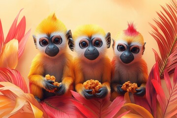 Fototapeta premium Colorful cartoon monkeys enjoying snacks amidst tropical foliage for humorous advertising