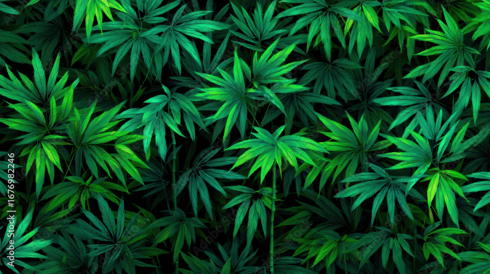Poster lush green foliage fills frame, showcasing vibrant array of leaves with intricate patterns and varyi
